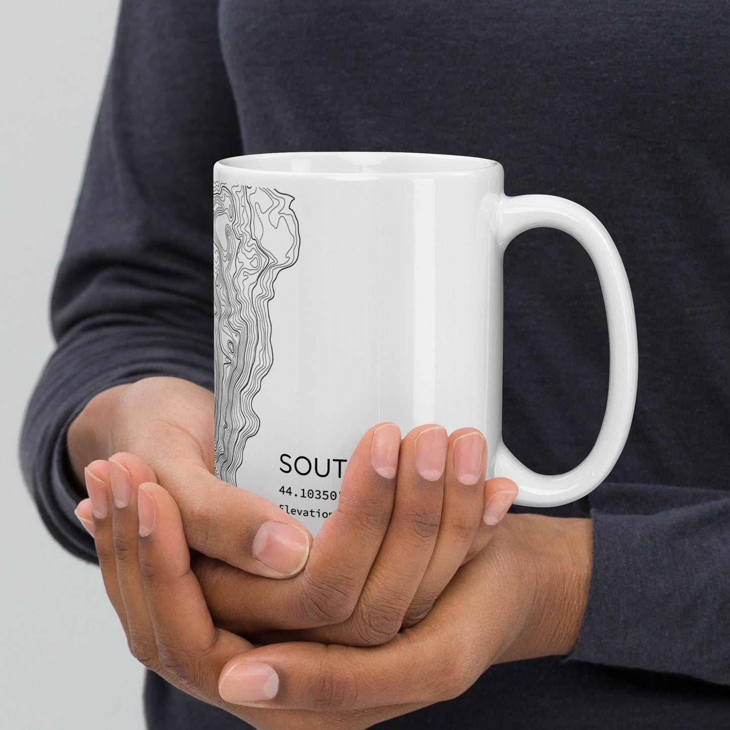 South Sister Topographic Map Coffee Mug, White Ceramic, Mountain Coordinates Design with Elevation