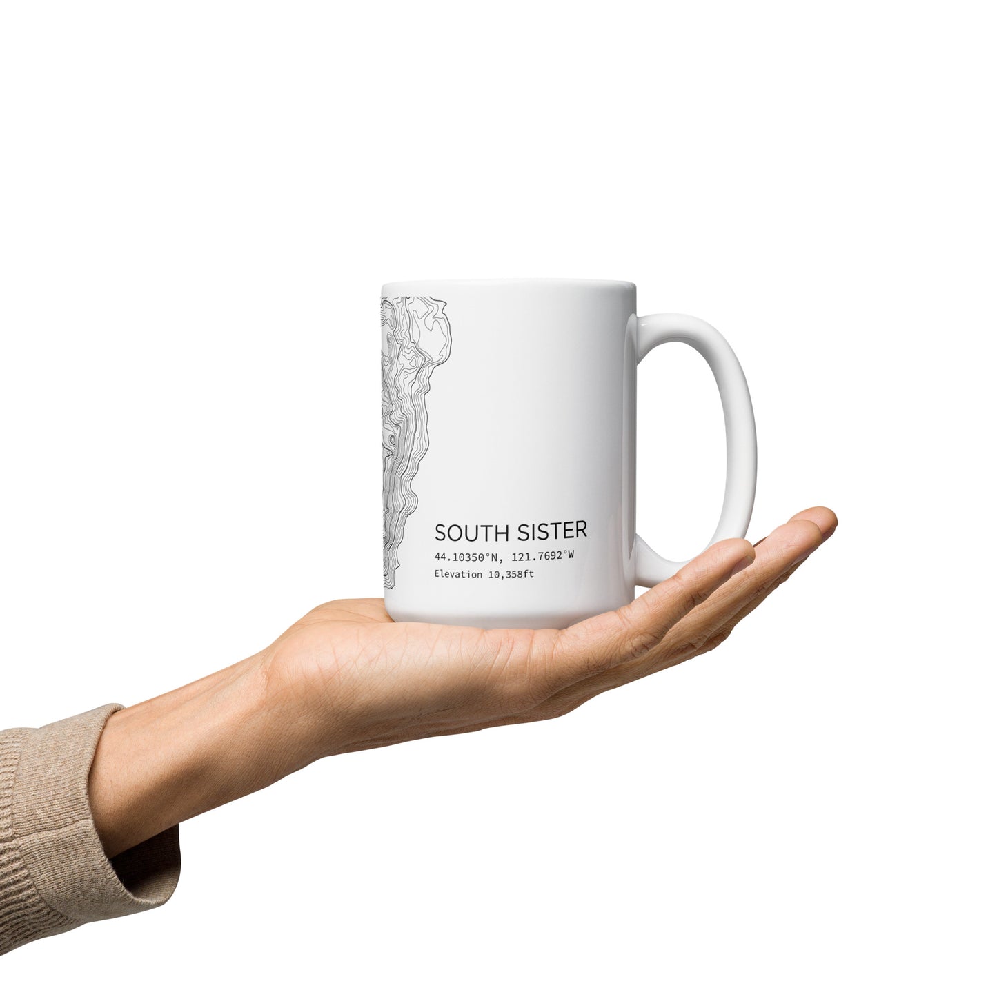 South Sister Topographic Map Coffee Mug, White Ceramic, Mountain Coordinates Design with Elevation