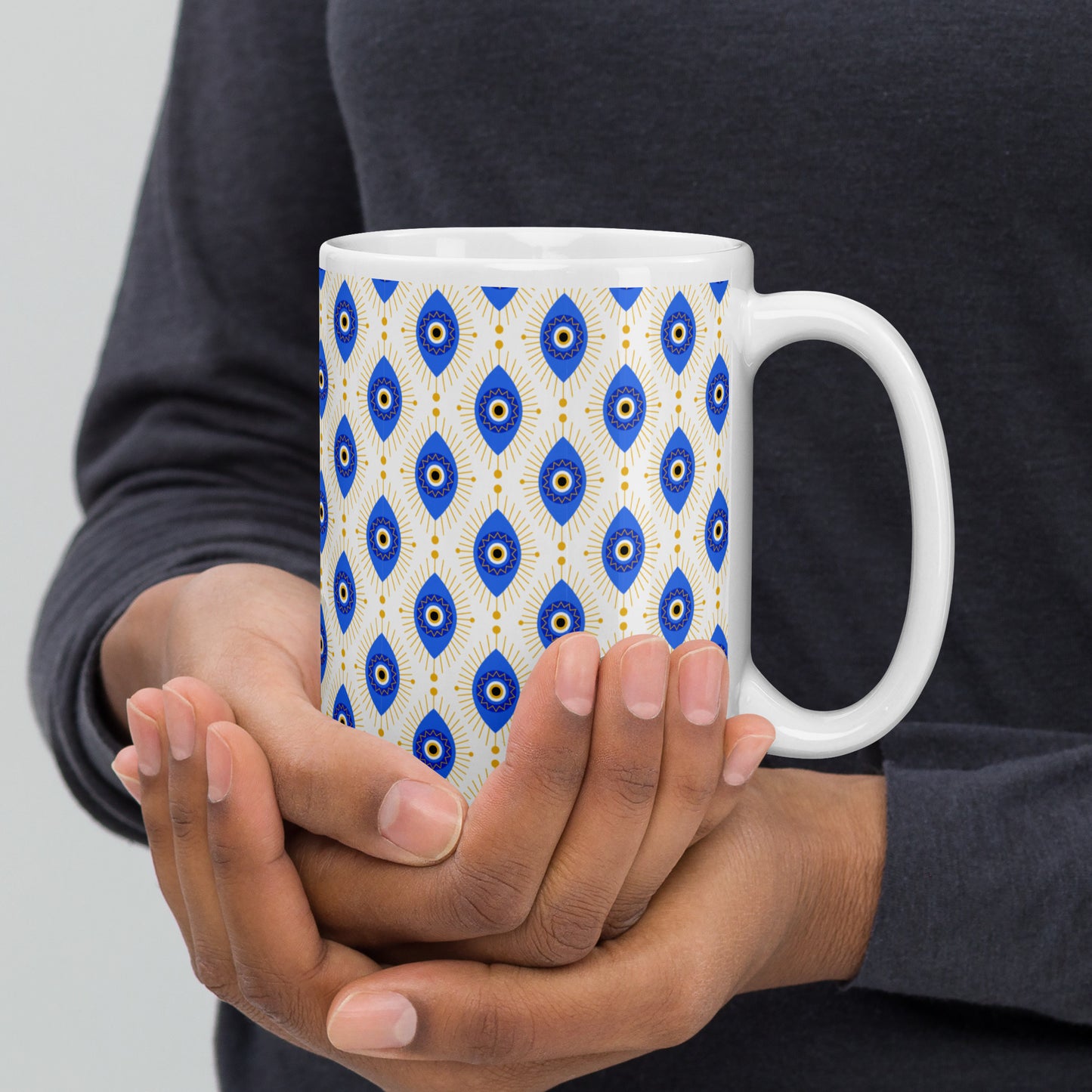 Evil Eye Pattern Ceramic Coffee Mug, White with Blue and Gold Design, Traditional Mediterranean Style