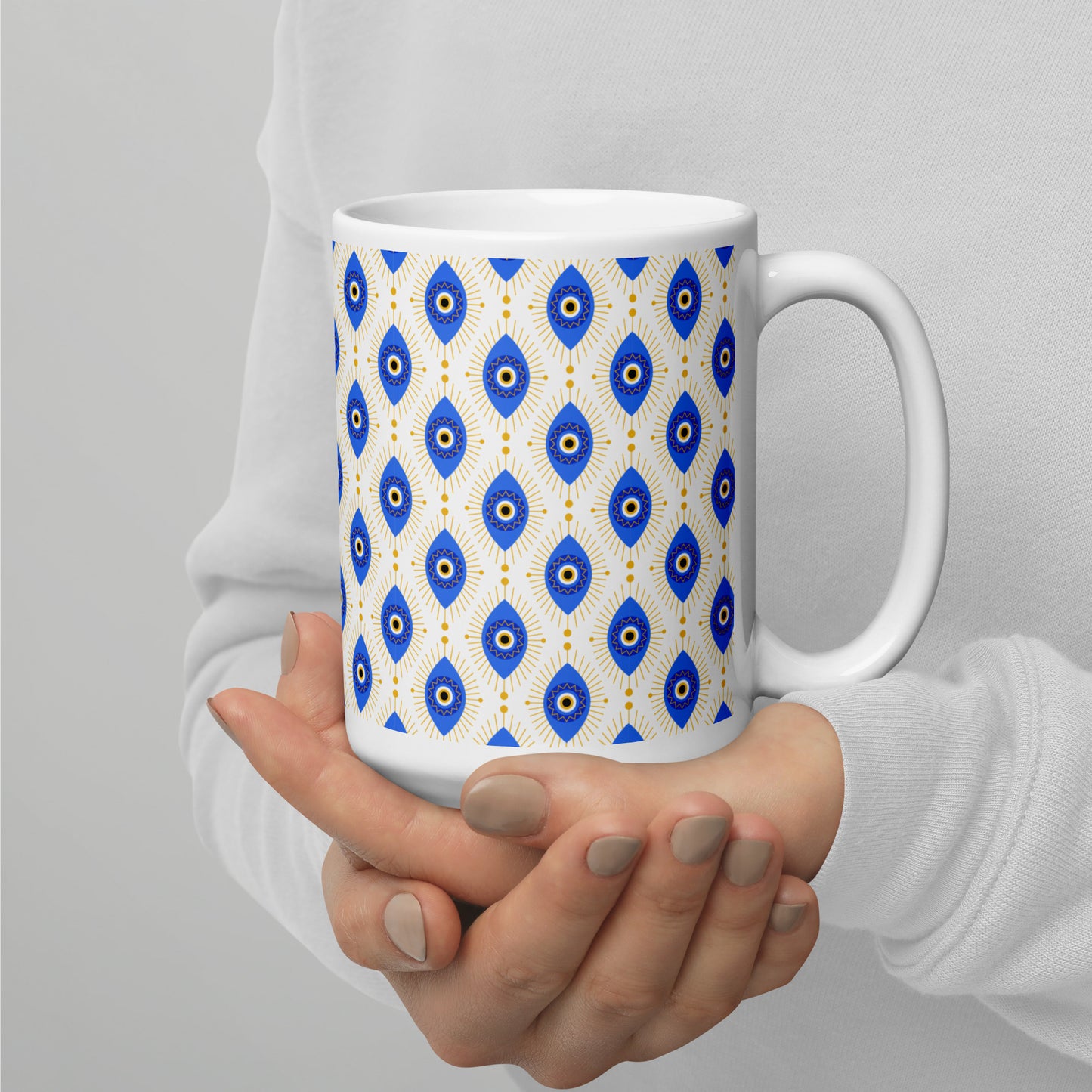 Evil Eye Pattern Ceramic Coffee Mug, White with Blue and Gold Design, Traditional Mediterranean Style