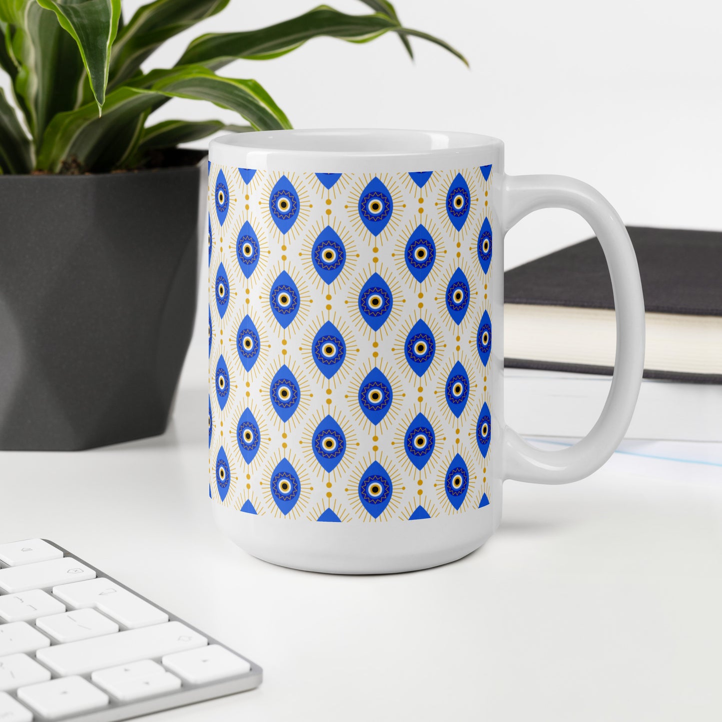 Evil Eye Pattern Ceramic Coffee Mug, White with Blue and Gold Design, Traditional Mediterranean Style