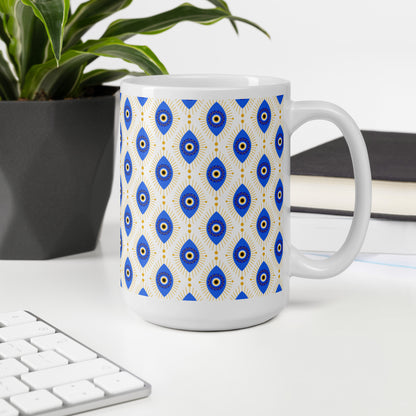 Evil Eye Pattern Ceramic Coffee Mug, White with Blue and Gold Design, Traditional Mediterranean Style